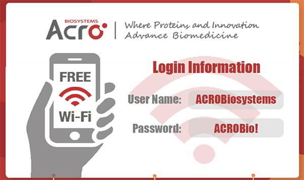 ACRO is delighted to sponsor the WIFI, please find the login information below.